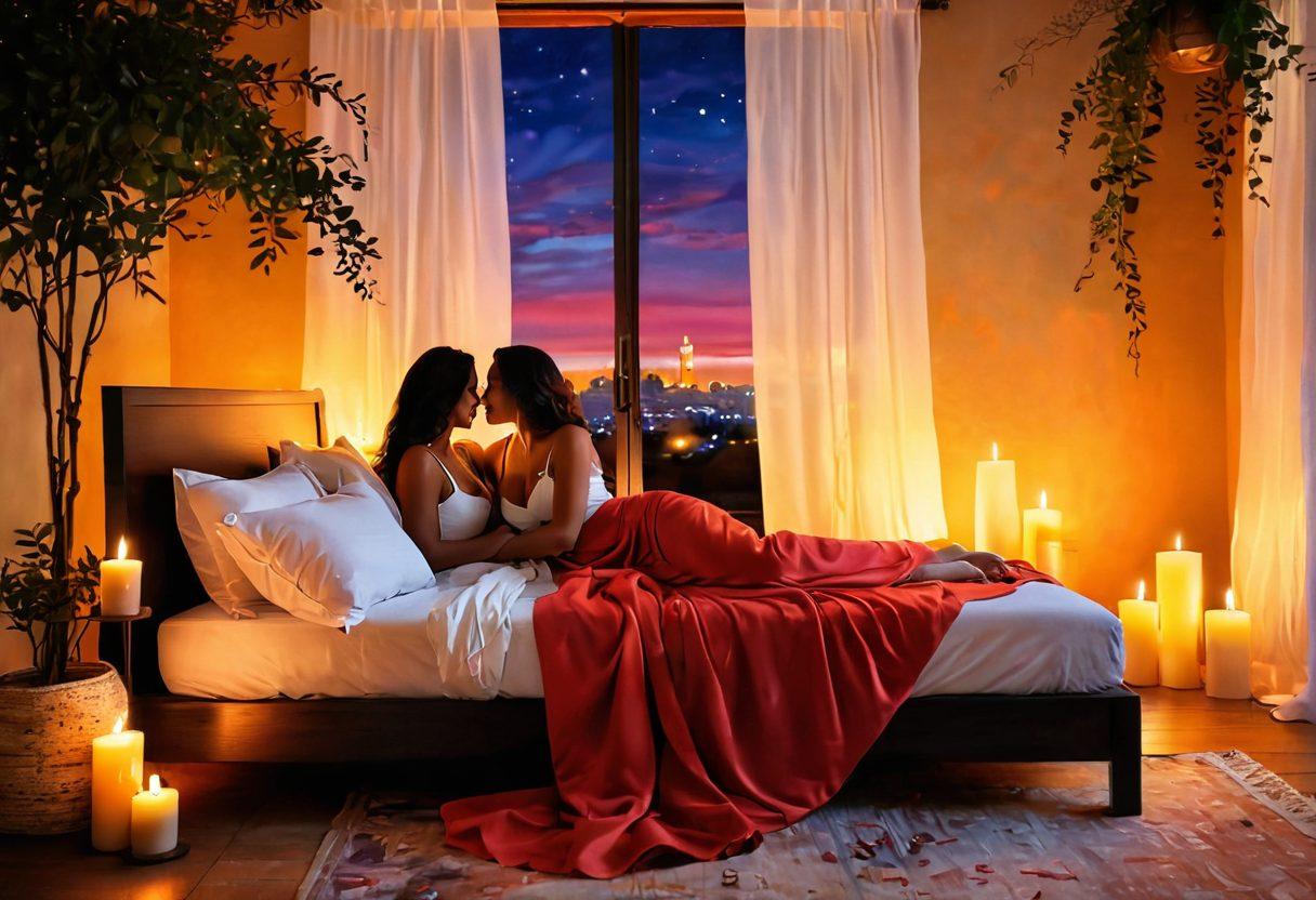 A vibrant and inviting scene depicting a whimsical, sensual ambiance, filled with soft candlelight, plush pillows, and flowing fabrics. Incorporate abstract representations of passion, such as flowing curves and warm colors, symbolizing both pleasure and intimacy. Add silhouettes of couples engaged in playful activities, exploring their connection, with an emphasis on joy and celebration. The background should softly blend into a dreamy, ethereal environment. painting. vibrant colors. soft focus.