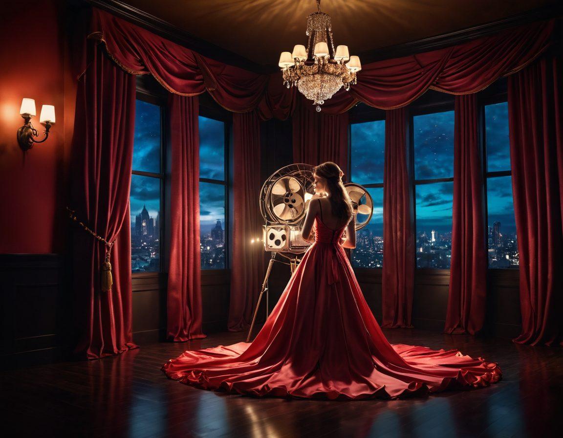 A sensual scene showcasing a film reel unwinding, with vibrant, colorful imagery of fantasy worlds emerging from it. Incorporate elements of romance, intrigue, and elegance, such as silken curtains, flickering candles, and soft lighting that casts dreamy shadows. The audience can be seen captivated, indulging in the cinematic experience. Artistic touches of surrealism and whimsy should enhance the atmosphere. super-realistic. vibrant colors. cinematic mood.